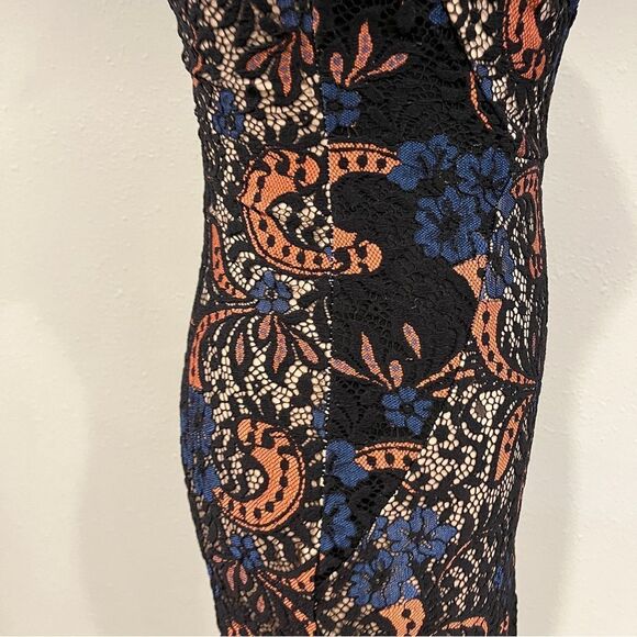 Mystic Black and Orange lace Sheath Midi Dress with Cap Sleeves size extra small - Picture 6 of 13